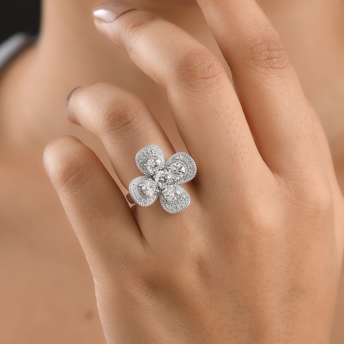 D'Joy Moissanite 2.50 ctw Floral Ring in Rhodium Over Sterling Silver (Size 8.0) image number 2
