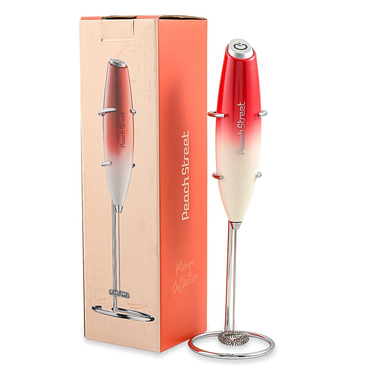 Peach Street Milk Frother with Stand in White and Red image number 1