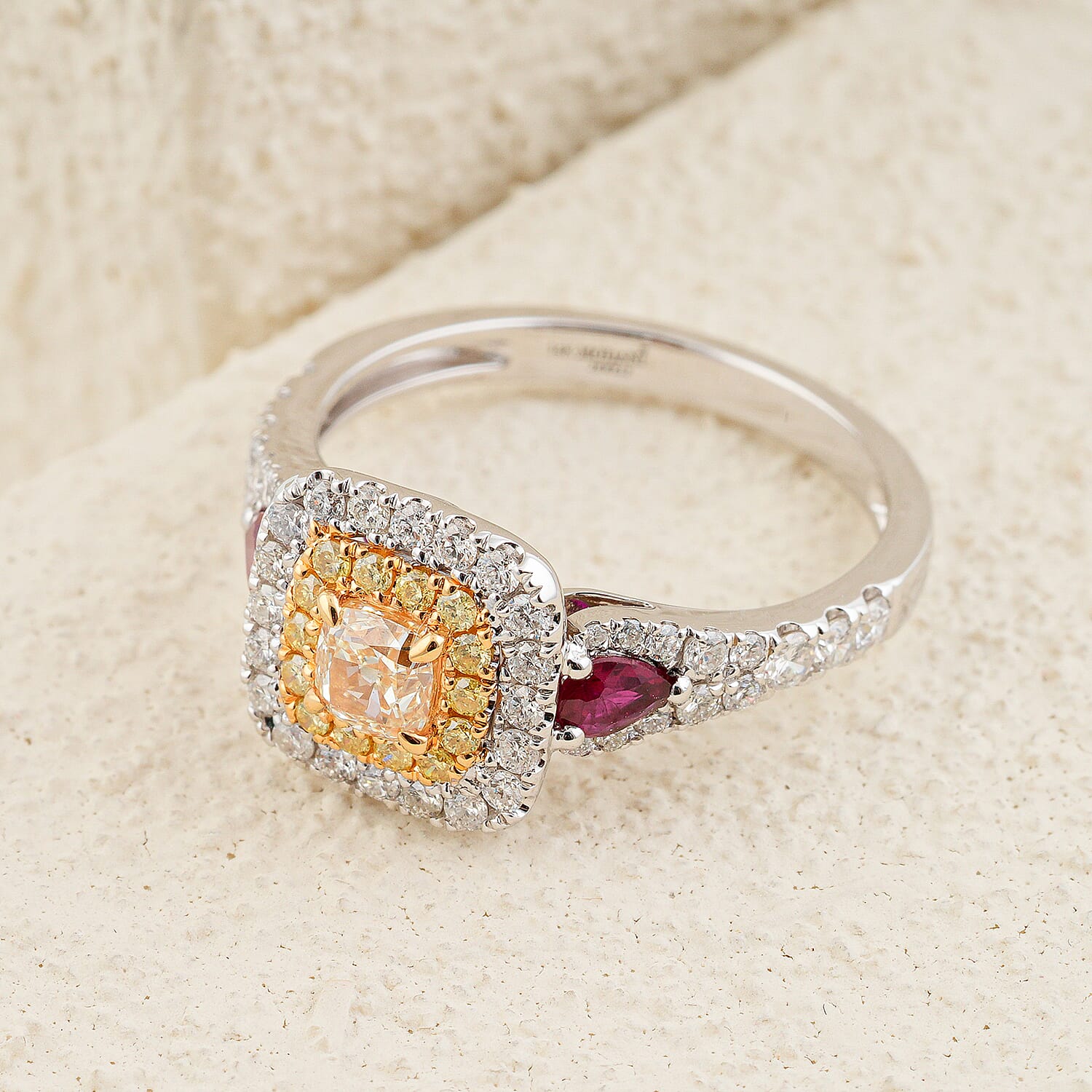 Modani Natural Yellow and White Diamond VS1, Ruby 1.37 ctw Ring in 14K White and Yellow Gold (Size 8.0)