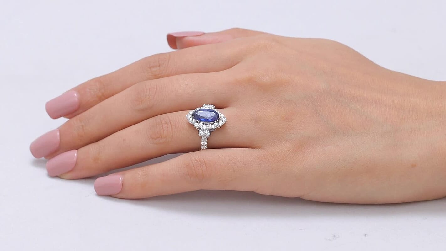 Certified & Appraised D'Joy Premium Kashmir Kyanite and Moissanite 3.10 ctw Ring in Rhodium Over Sterling Silver (Size 9.0)