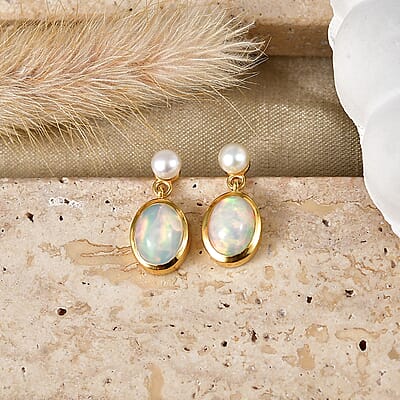 D'Joy AAA Ethiopian Welo Opal 1.90 ctw and Freshwater Pearl Earrings in 18K Yellow Gold Over Sterling Silver