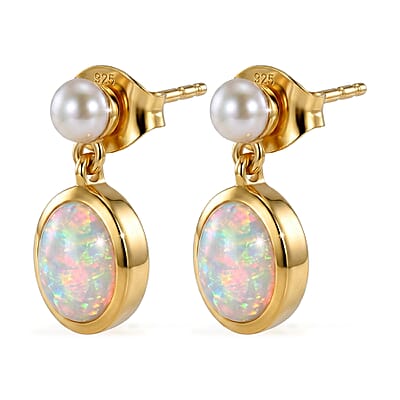 D'Joy AAA Ethiopian Welo Opal 1.90 ctw and Freshwater Pearl Earrings in 18K Yellow Gold Over Sterling Silver