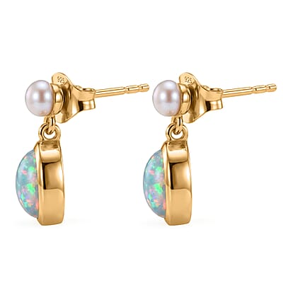 D'Joy AAA Ethiopian Welo Opal 1.90 ctw and Freshwater Pearl Earrings in 18K Yellow Gold Over Sterling Silver