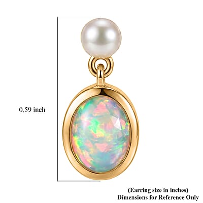 D'Joy AAA Ethiopian Welo Opal 1.90 ctw and Freshwater Pearl Earrings in 18K Yellow Gold Over Sterling Silver