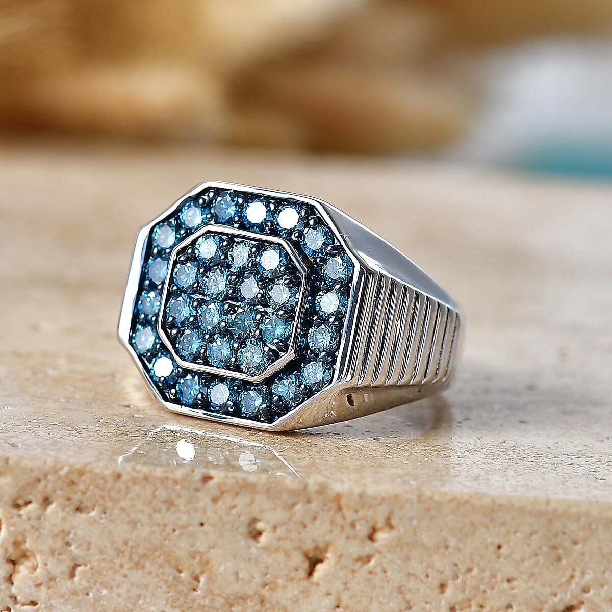 Luxuriant Lab Grown Blue Diamond SI 1.50 ctw Men's Ring in Rhodium Over Sterling Silver (Size 10.0) image number 1