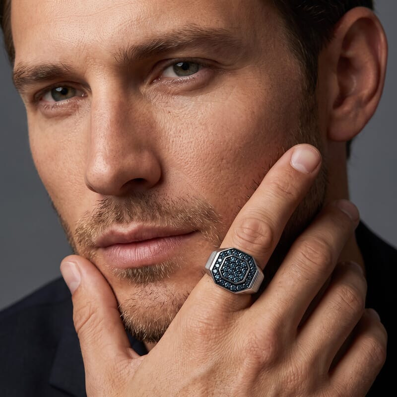 Luxuriant Lab Grown Blue Diamond SI 1.50 ctw Men's Ring in Rhodium Over Sterling Silver (Size 11.0)