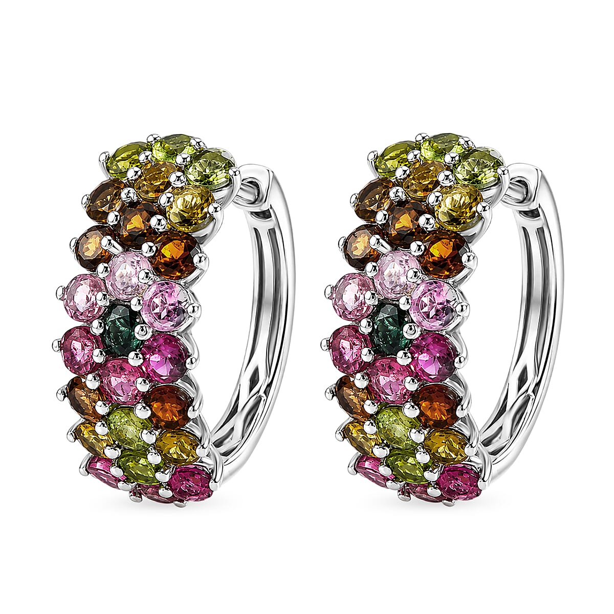 D'Joy AAA Multi-Tourmaline 7.0 ctw Floral Symphony Hoop Earrings in Rhodium Over Sterling Silver