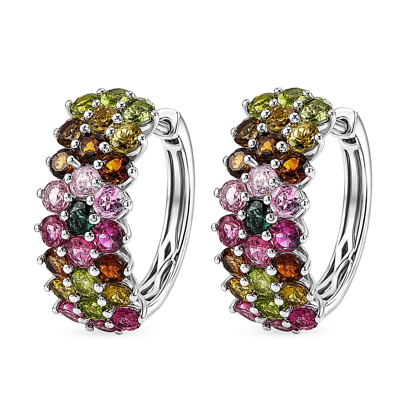 D'Joy AAA Multi-Tourmaline 7.0 ctw Floral Symphony Hoop Earrings in Rhodium Over Sterling Silver