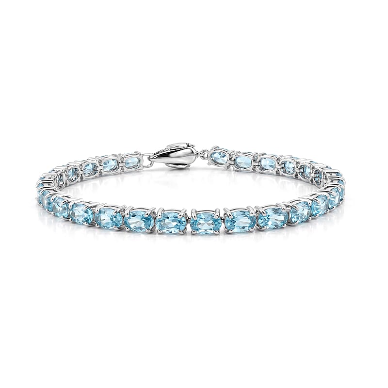 Premium Cambodian Blue Zircon and Luxuriant Lab Grown Diamond G-H SI 16.50 ctw Sea Sparkle Bracelet in Rhodium Over Sterling Silver (6.50 In)