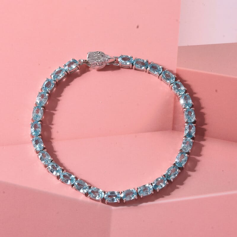 Premium Cambodian Blue Zircon and Luxuriant Lab Grown Diamond G-H SI 16.50 ctw Sea Sparkle Bracelet in Rhodium Over Sterling Silver (6.50 In)