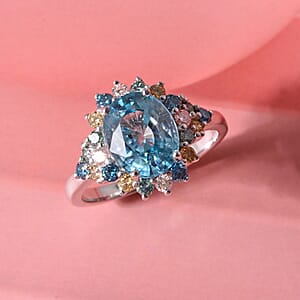 Premium Cambodian Blue Zircon and Luxuriant Lab Grown Multi Diamond (SI) 4.85 ctw Ocean Rainbow Halo Ring in Rhodium Over Sterling Silver (Size 10.0)