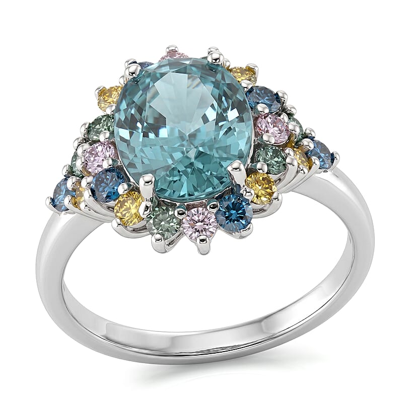 Premium Cambodian Blue Zircon and Luxuriant Lab Grown Multi Diamond (SI) 4.85 ctw Ocean Rainbow Halo Ring in Rhodium Over Sterling Silver (Size 6.0)