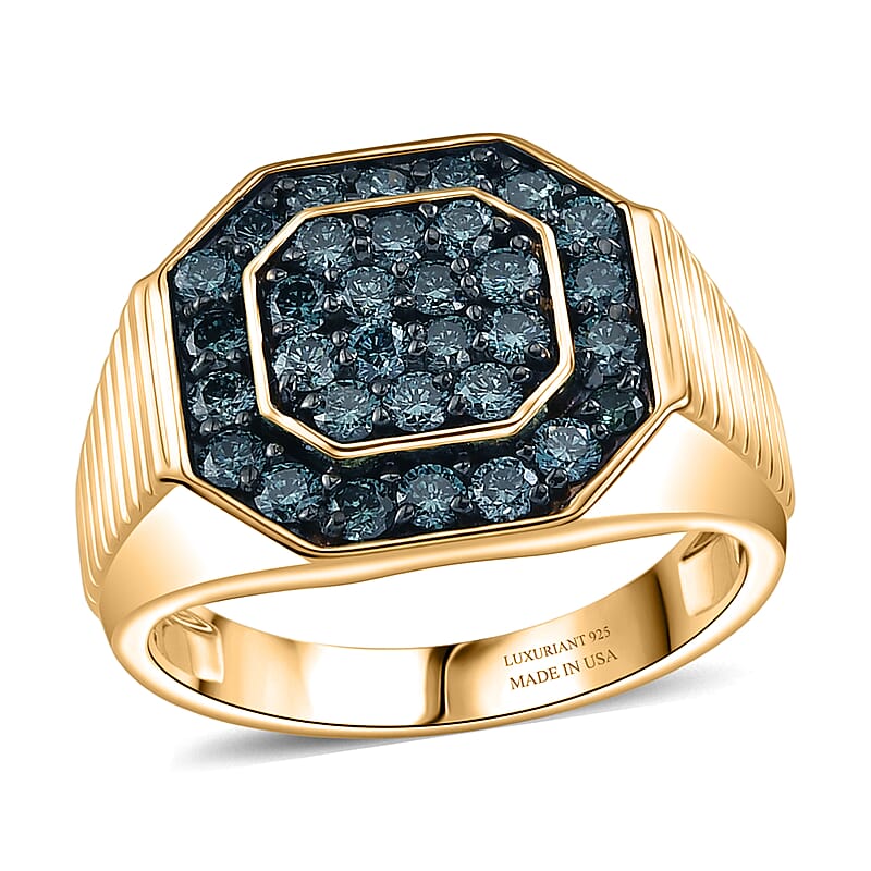 Luxuriant Lab Grown Green Diamond SI 1.50 ctw Men's Ring in 18K Vermeil Yellow Gold Over Sterling Silver (Size 9.0)