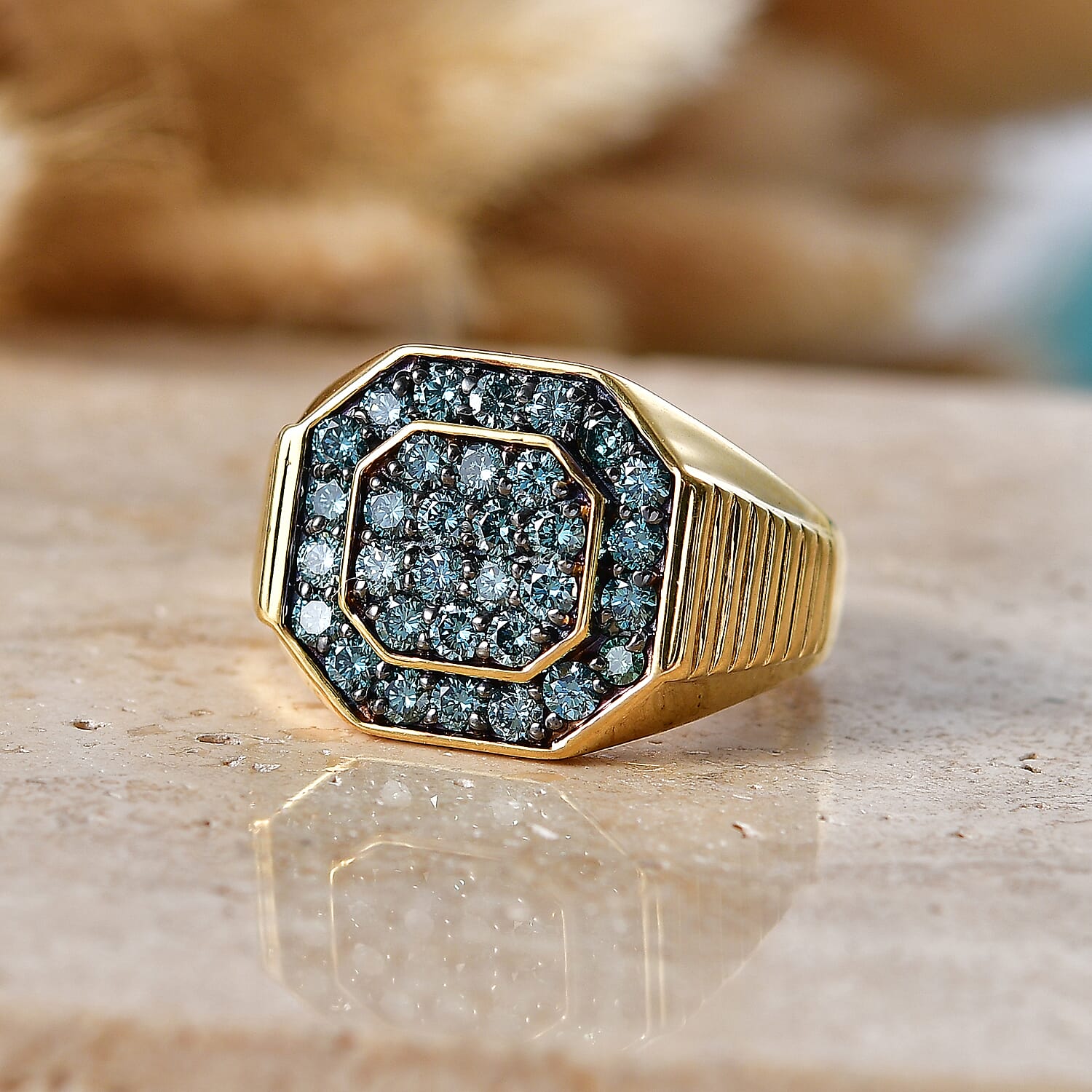 Luxuriant Lab Grown Green Diamond SI 1.50 ctw Men's Ring in 18K Vermeil Yellow Gold Over Sterling Silver (Size 9.0)