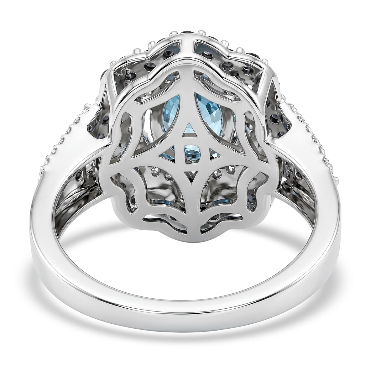 D'Joy Premium Cambodian Blue Zircon and Multi Gemstone 3.30 ctw Midnight Ocean Halo Ring in Rhodium Over Sterling Silver (Size 10.0) image number 4