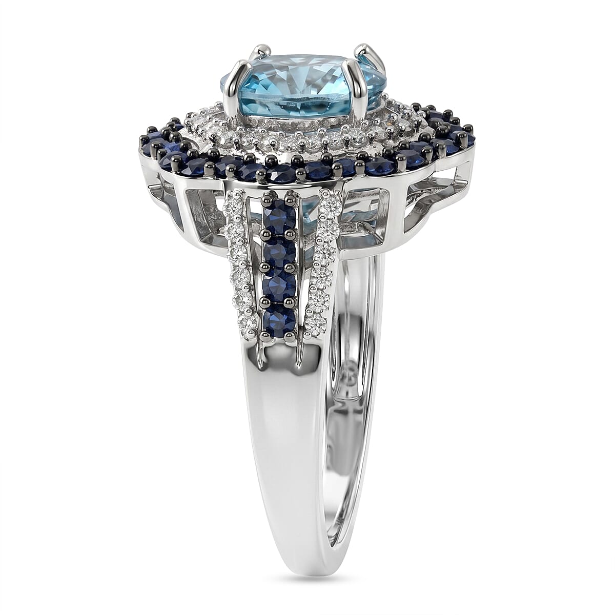 D'Joy Premium Cambodian Blue Zircon and Multi Gemstone 3.30 ctw Midnight Ocean Halo Ring in Rhodium Over Sterling Silver (Size 6.0) image number 3