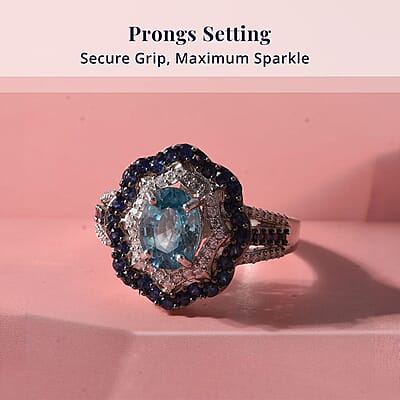 D'Joy Premium Cambodian Blue Zircon and Multi Gemstone 3.00 ctw Midnight Ocean Halo Ring in Rhodium Over Sterling Silver (Size 6.0)