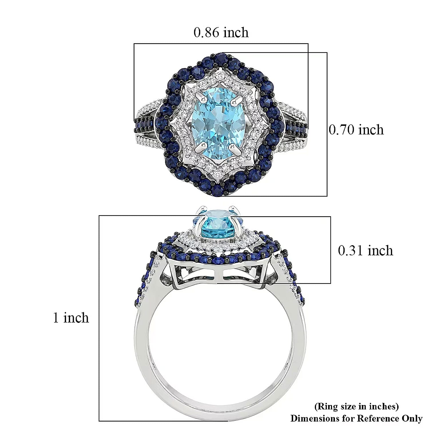 D'Joy Premium Cambodian Blue Zircon and Multi Gemstone 3.00 ctw Midnight Ocean Halo Ring in Rhodium Over Sterling Silver (Size 6.0)