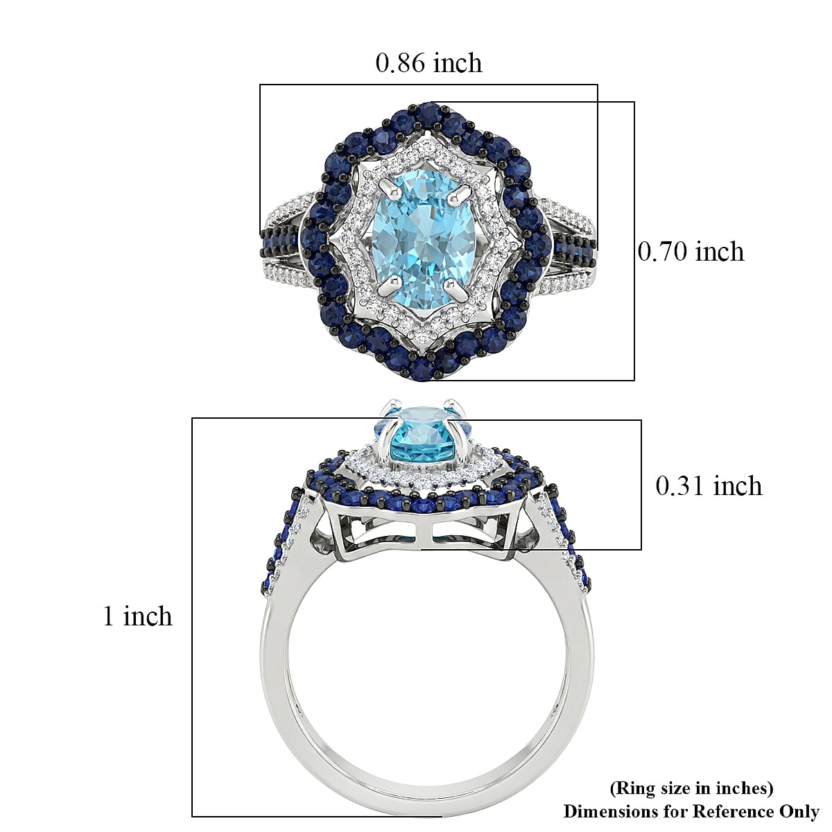 D'Joy Premium Cambodian Blue Zircon and Multi Gemstone 3.30 ctw Midnight Ocean Halo Ring in Rhodium Over Sterling Silver (Size 6.0) image number 5