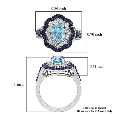 D'Joy Premium Cambodian Blue Zircon and Multi Gemstone 3.00 ctw Midnight Ocean Halo Ring in Rhodium Over Sterling Silver (Size 6.0)