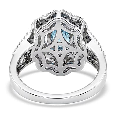 D'Joy Premium Cambodian Blue Zircon and Multi Gemstone 3.00 ctw Midnight Ocean Halo Ring in Rhodium Over Sterling Silver (Size 6.0)