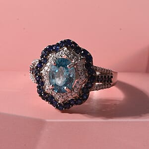 D'Joy Premium Cambodian Blue Zircon and Multi Gemstone 3.30 ctw Midnight Ocean Halo Ring in Rhodium Over Sterling Silver (Size 7.0)