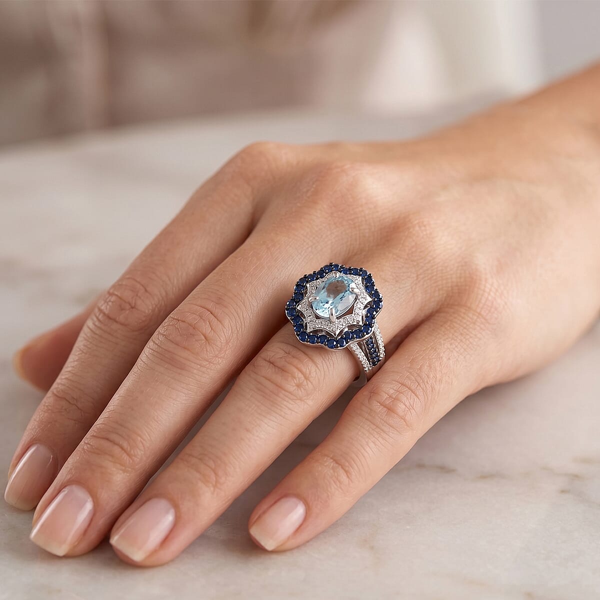 D'Joy Premium Cambodian Blue Zircon and Multi Gemstone 3.30 ctw Midnight Ocean Halo Ring in Rhodium Over Sterling Silver (Size 7.0) image number 2