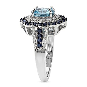 D'Joy Premium Cambodian Blue Zircon and Multi Gemstone 3.30 ctw Midnight Ocean Halo Ring in Rhodium Over Sterling Silver (Size 7.0)