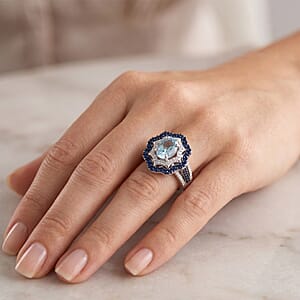 D'Joy Premium Cambodian Blue Zircon and Multi Gemstone 3.30 ctw Midnight Ocean Halo Ring in Rhodium Over Sterling Silver (Size 9.0)