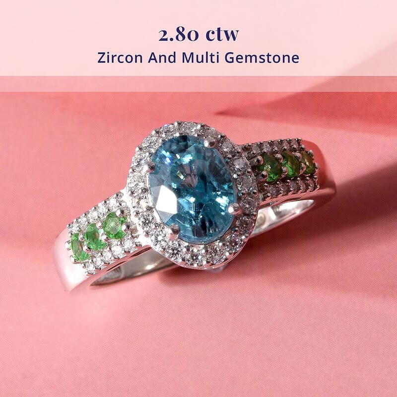 D'Joy Premium Cambodian Blue Zircon and Multi Gemstone 2.80 ctw Ring in Rhodium Over Sterling Silver (Size 5.0)