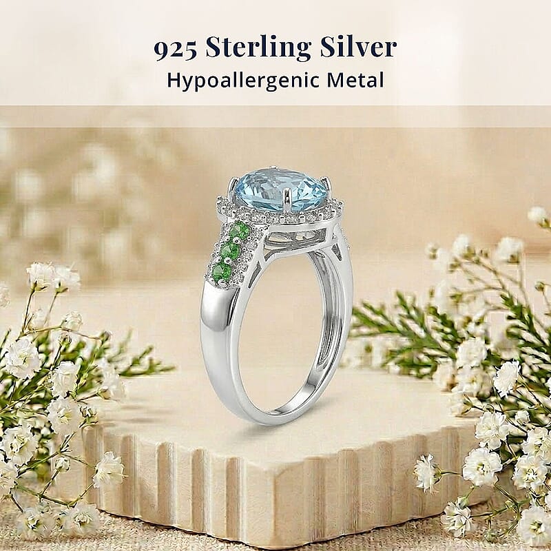 D'Joy Premium Cambodian Blue Zircon and Multi Gemstone 2.80 ctw Ring in Rhodium Over Sterling Silver (Size 5.0)