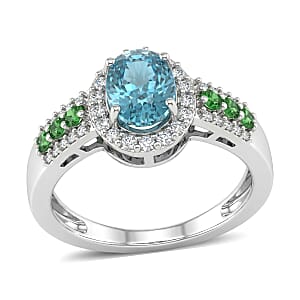 D'Joy Premium Cambodian Blue Zircon and Multi Gemstone 2.80 ctw Sea Sparkle Ring in Rhodium Over Sterling Silver (Size 7.0)