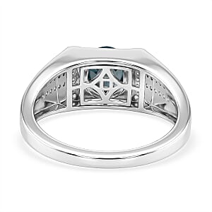 D'Joy Premium Cambodian Blue Zircon and Moissanite 2.60 ctw Men's Ring in Rhodium Over Sterling Silver (Size 12.0)