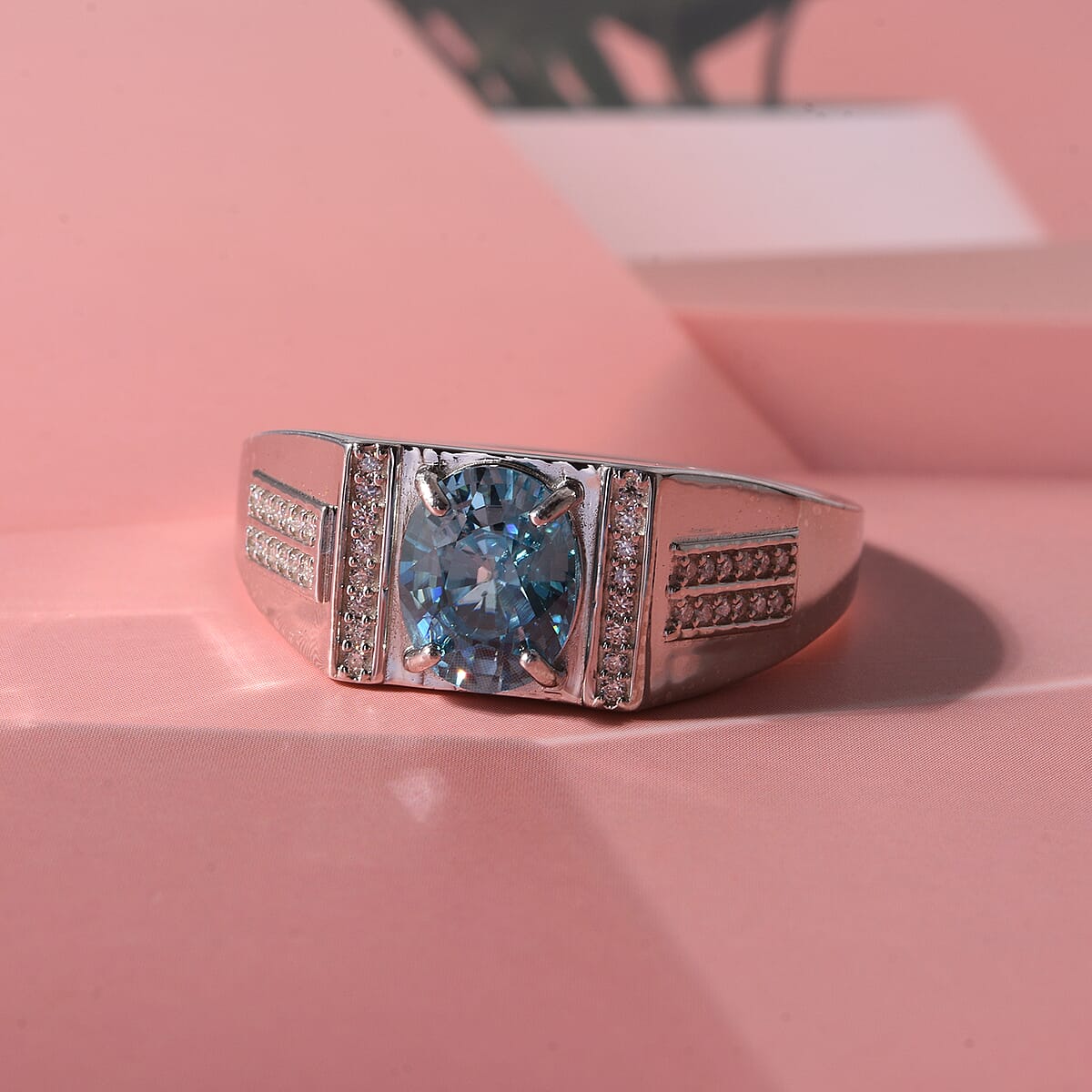 D'Joy Premium Cambodian Blue Zircon and Moissanite 2.60 ctw Men's Ring in Rhodium Over Sterling Silver (Size 13.0) image number 1