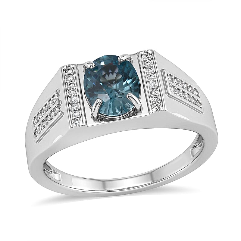 D'Joy Premium Cambodian Blue Zircon and Moissanite 2.60 ctw Men's Ring in Rhodium Over Sterling Silver (Size 9.0)