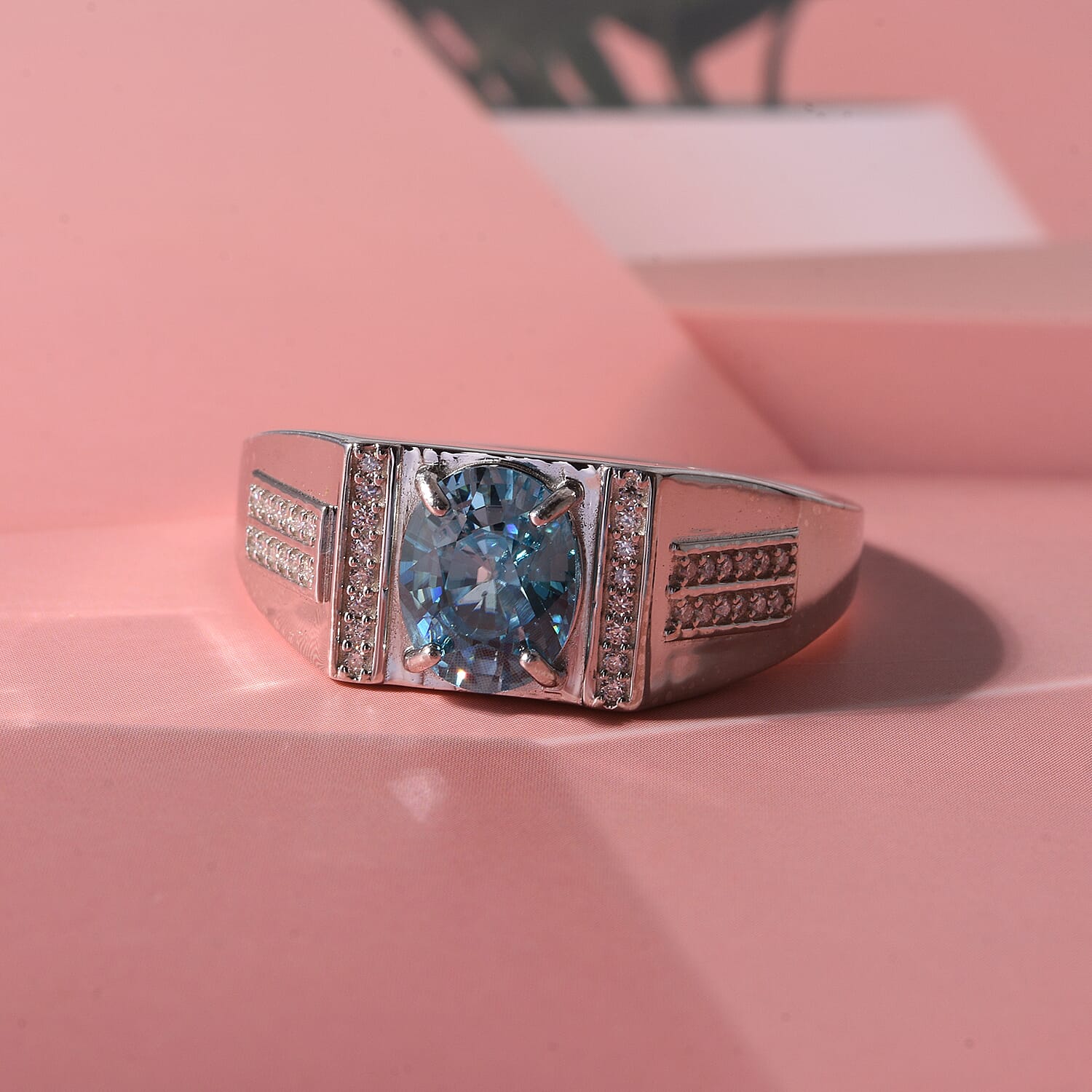 D'Joy Premium Cambodian Blue Zircon and Moissanite 2.60 ctw Men's Ring in Rhodium Over Sterling Silver (Size 9.0)