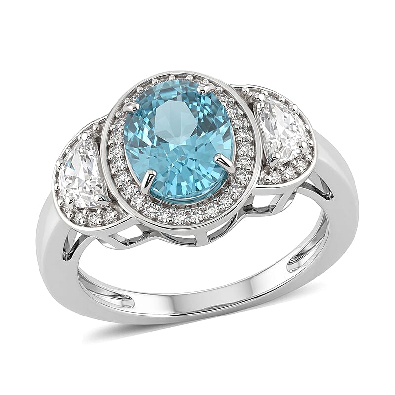 D'Joy Premium Cambodian Blue Zircon and Moissanite 3.65 ctw Ring in Rhodium Over Sterling Silver (Size 5.0)
