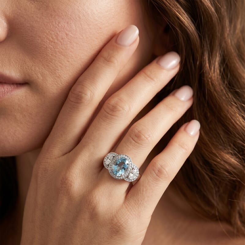D'Joy Premium Cambodian Blue Zircon and Moissanite 3.65 ctw Ring in Rhodium Over Sterling Silver (Size 5.0)