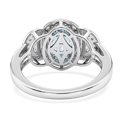 D'Joy Premium Cambodian Blue Zircon and Moissanite 3.65 ctw Ring in Rhodium Over Sterling Silver (Size 5.0)