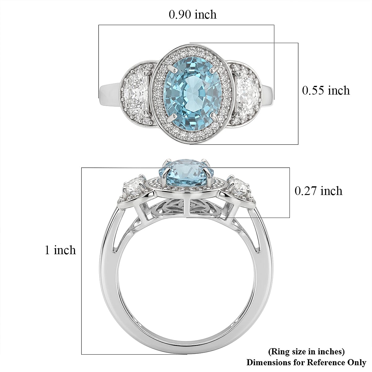 D'Joy Premium Cambodian Blue Zircon and Moissanite 3.65 ctw Ring in Rhodium Over Sterling Silver (Size 5.0)