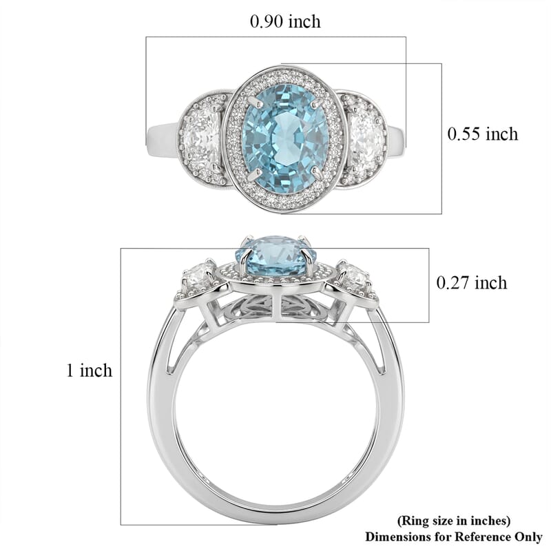 D'Joy Premium Cambodian Blue Zircon and Moissanite 3.65 ctw Ring in Rhodium Over Sterling Silver (Size 5.0)