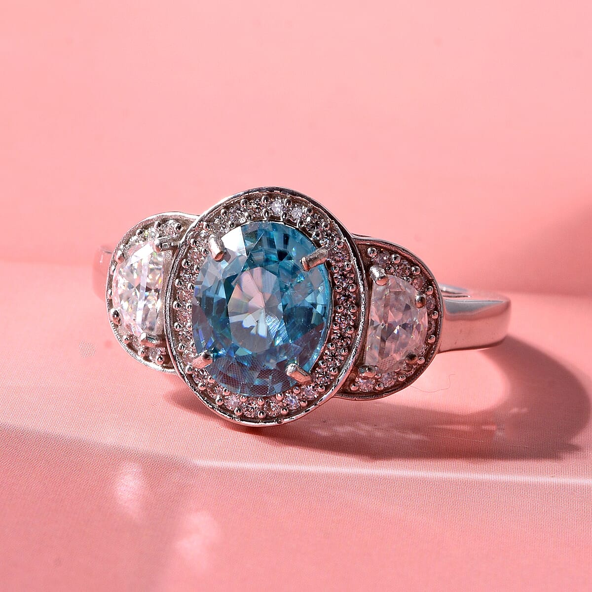 D'Joy Premium Cambodian Blue Zircon and Moissanite 3.10 ctw Ocean Grace Ring in Rhodium Over Sterling Silver (Size 8.0) image number 1