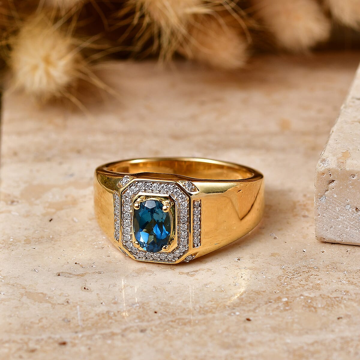 D'Joy London Blue Topaz and Moissanite 1.20 ctw Men's Ring in 18K Vermeil Yellow Gold Over Sterling Silver (Size 10.0) image number 1