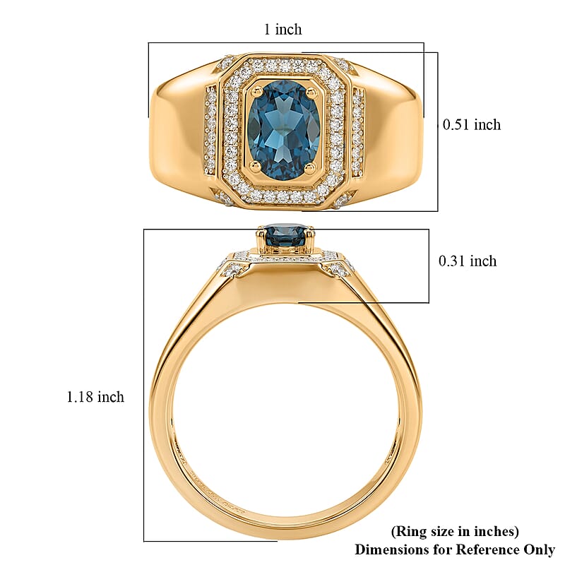 D'Joy London Blue Topaz and Moissanite 1.20 ctw Men's Ring in 18K Vermeil Yellow Gold Over Sterling Silver (Size 10.0)