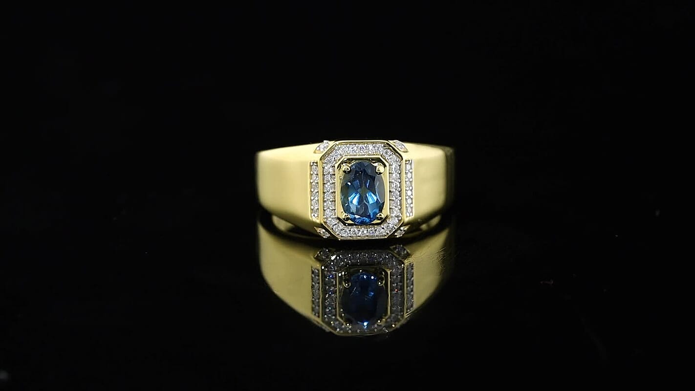 D'Joy London Blue Topaz, Moissanite Men's Ring in 18K Vermeil YG Over Sterling Silver (Size 10.0) 1.20 ctw
