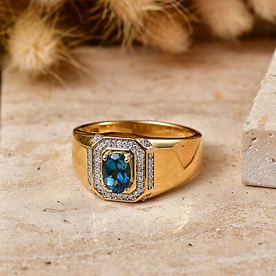 D'Joy London Blue Topaz and Moissanite 1.20 ctw Men's Ring in 18K Vermeil Yellow Gold Over Sterling Silver (Size 12.0)