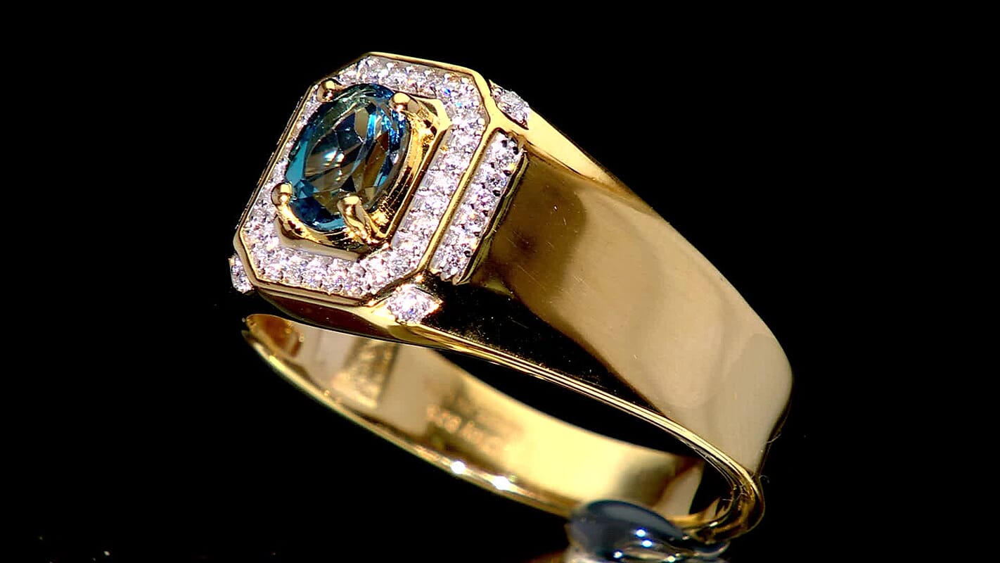 D'Joy London Blue Topaz, Moissanite Men's Ring in 18K Vermeil YG Over Sterling Silver (Size 10.0) 1.20 ctw