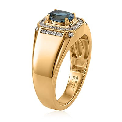 D'Joy London Blue Topaz and Moissanite 1.20 ctw Men's Ring in 18K Vermeil Yellow Gold Over Sterling Silver (Size 12.0)