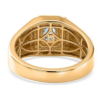 D'Joy London Blue Topaz and Moissanite 1.20 ctw Men's Ring in 18K Vermeil Yellow Gold Over Sterling Silver (Size 12.0)