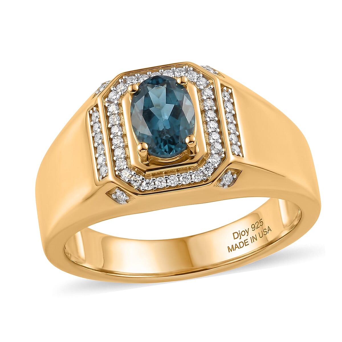 D'Joy London Blue Topaz, Moissanite Men's Ring in 18K Vermeil YG Over Sterling Silver (Size 10.0) 1.20 ctw